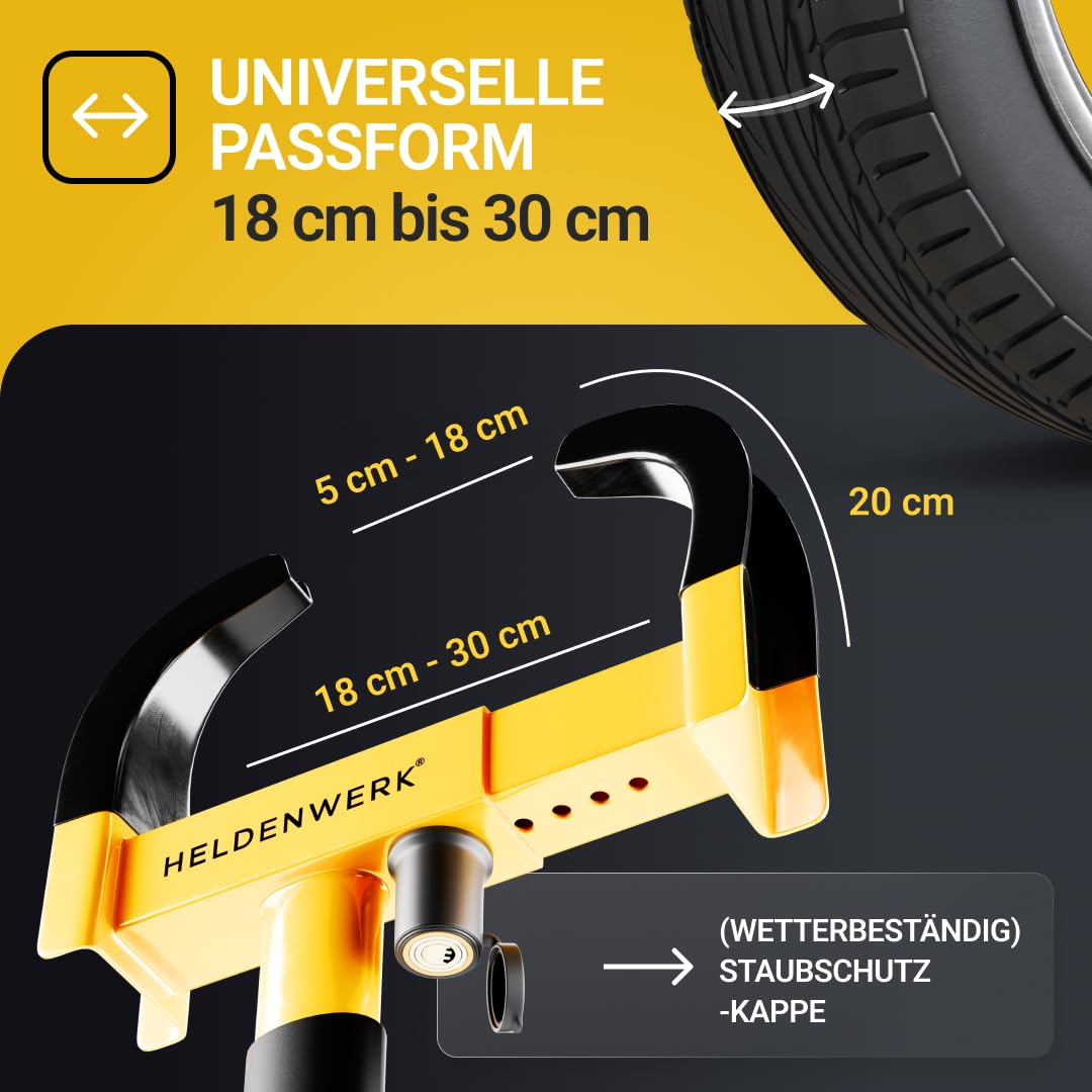 HERO WORK Parking Claw Wheel clamp with high-security lock & 3 keys - for trailers, motorhomes, caravans, cars - car wheel clamp, wheel clamp, wheel claw for 18-30cm tire width (Black/Yellow)