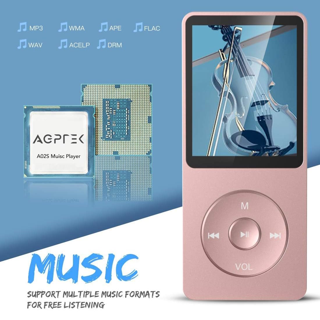 AGPTEK MP3 Player, 8GB/16GB MP3 Player 70 hours playback time MP3 Player (8GB, Rose Gold)