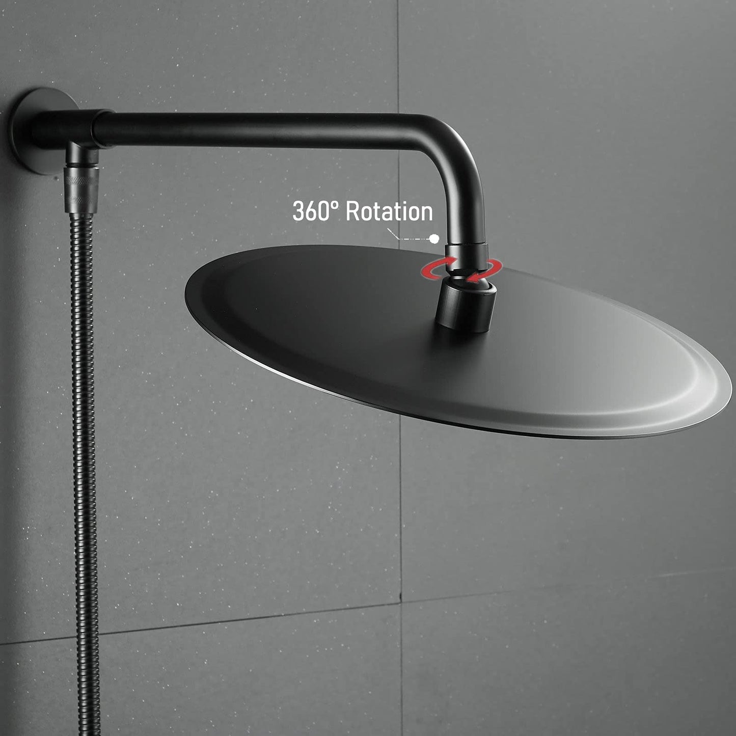Matte black shower head rain shower with shower arm and hose, 25 cm