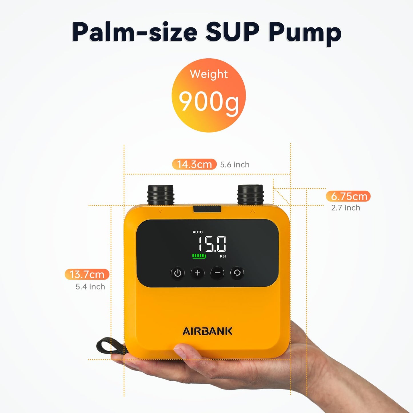 AIRBANK Mini SUP Electric Air Pump PULSE Pro, ultra-small rechargeable electric portable SUP pump, MAX 20 PSI, pump with brushless motor for kayaks, rafts, tents, kite wings