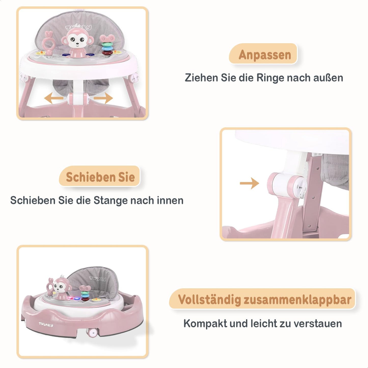 Twinky® Baby Walker with Playset & Floor Mat - Sturdy 4-way adjustable preschool walking aid - Perfect as a support for your little one's first steps (Pink)
