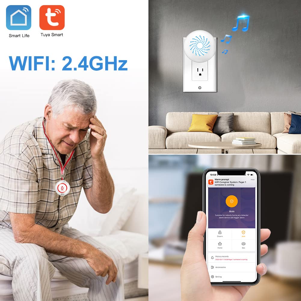 SINGCALL Tuya WiFi Wireless Call System (Equipment Upgrade), alarm system for elderly/patients/pregnant women, wireless call alarm with long range, 1 receiver + 2 call buttons for home.