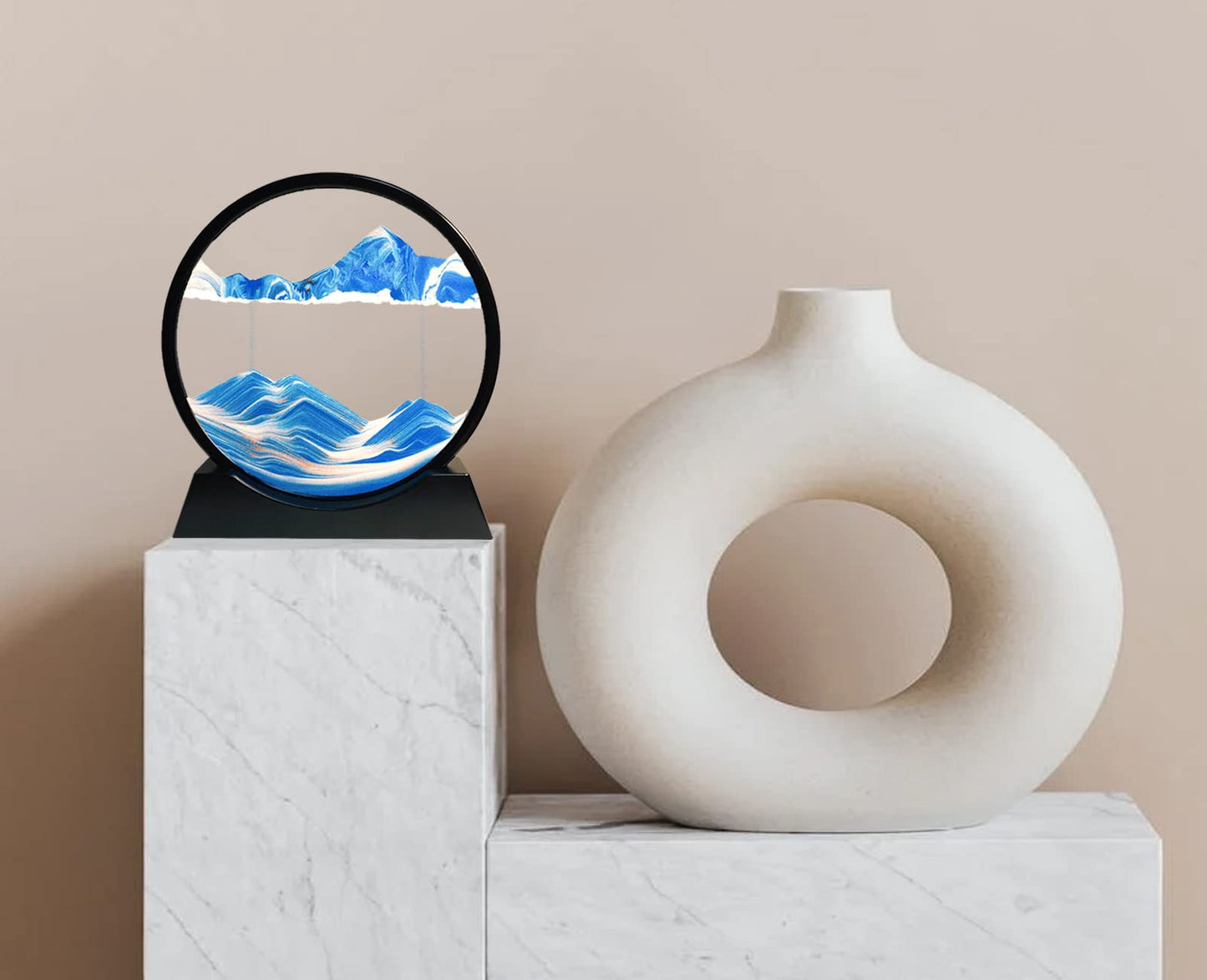 Dynamic 3D rotating sand art, Flowing sand painting in circular glass frame, Moving sand picture Natural landscape, Blue ocean, Relaxing desktop art decoration (Blue, 12")