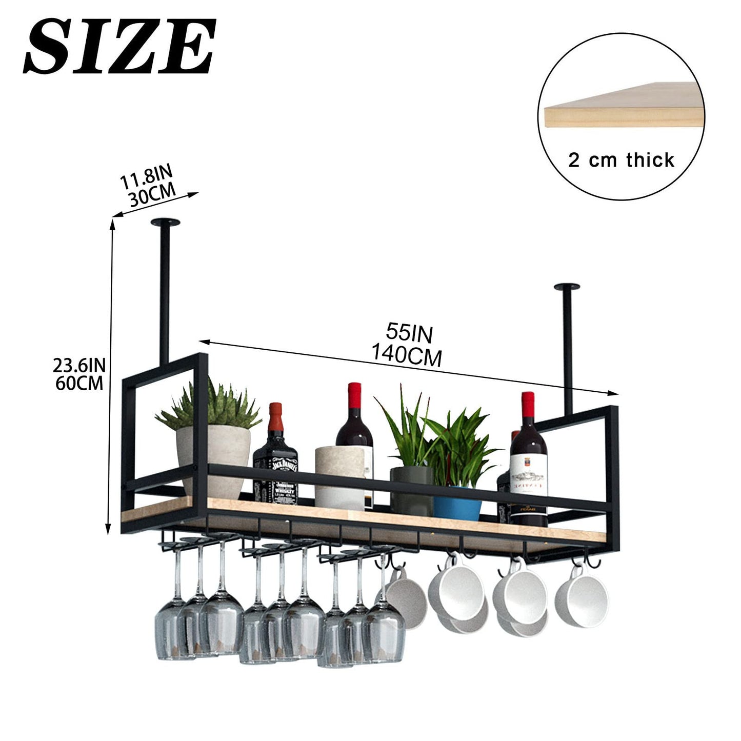 DSVONAUS Ceiling Wine Rack, Hanging Wine Glass Rack made of Metal, 140cm Bar Display Wine Storage Holder, Industrial Ceiling Rack Hanging for Bar Restaurant Cafe Kitchen