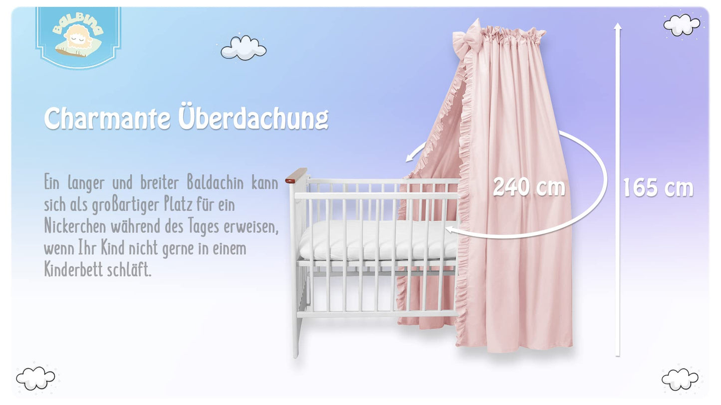 Balbina canopy 100% cotton, decoration set for crib, bed canopy with ruffle & bow, mosquito net for nursery, opaque bed curtain without canopy rod, 240 x 165 cm, powder pink light.