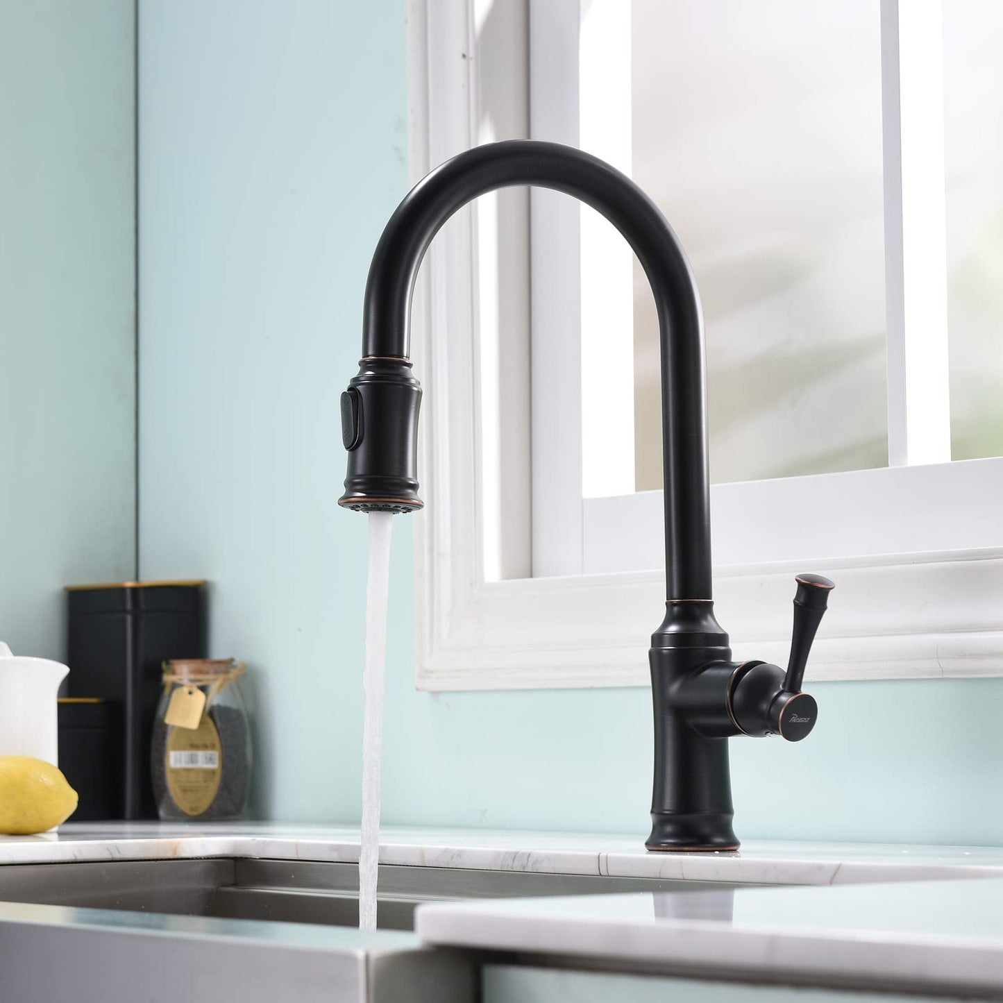 PHASAT Kitchen Faucet Pull Out Sprayer Sink Faucet with 360° Swivel 2 Functions for Kitchen, Oil Rubbed Bronze KZ06