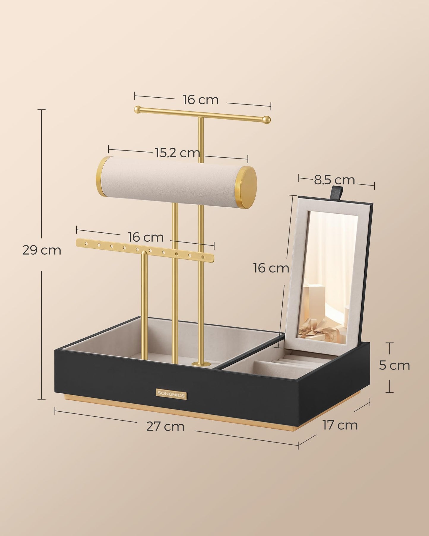 SONGMICS Jewelry Stand, Jewelry Holder, Earring Holder Metal, Jewelry Tray with Mirror, Jewelry Storage for Necklaces Bracelets Earrings Rings, Gift Idea, Gold-Black JJS022B01