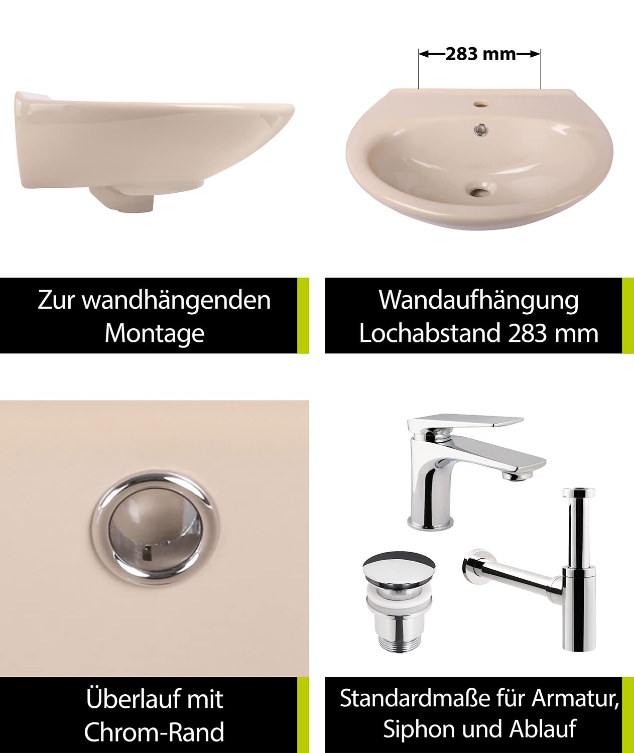 aquaSu® Washbasin 60 cm | Semi-circular ceramic sink | Bathroom color Bahmababeige | Width 60 cm | Depth 50 cm | Basin with overflow protection | Nostalgic bathroom | 56132 7