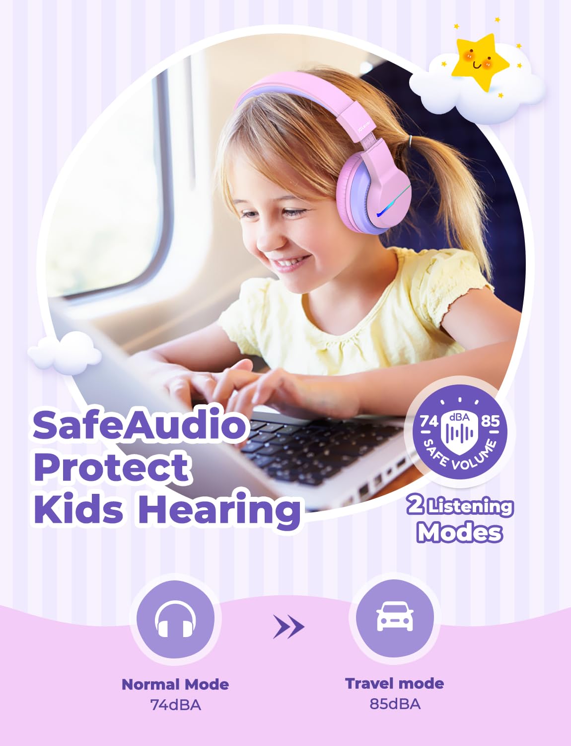 iClever Bluetooth Kids Headphones, Colored LED Lights, Over-Ear Kids Headphones with 74/85dBA Volume Limiting, 85 Hours Playtime, Bluetooth 5.2, Built-in Microphone BTH12