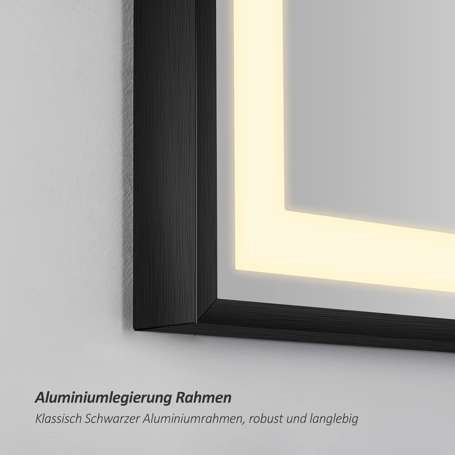 EMKE Bathroom Mirror with Lighting 80x60cm, black with touch control, dimmable, anti-fog, clock, memory function, and neutral light 4300K, energy-saving wall mirror IP44