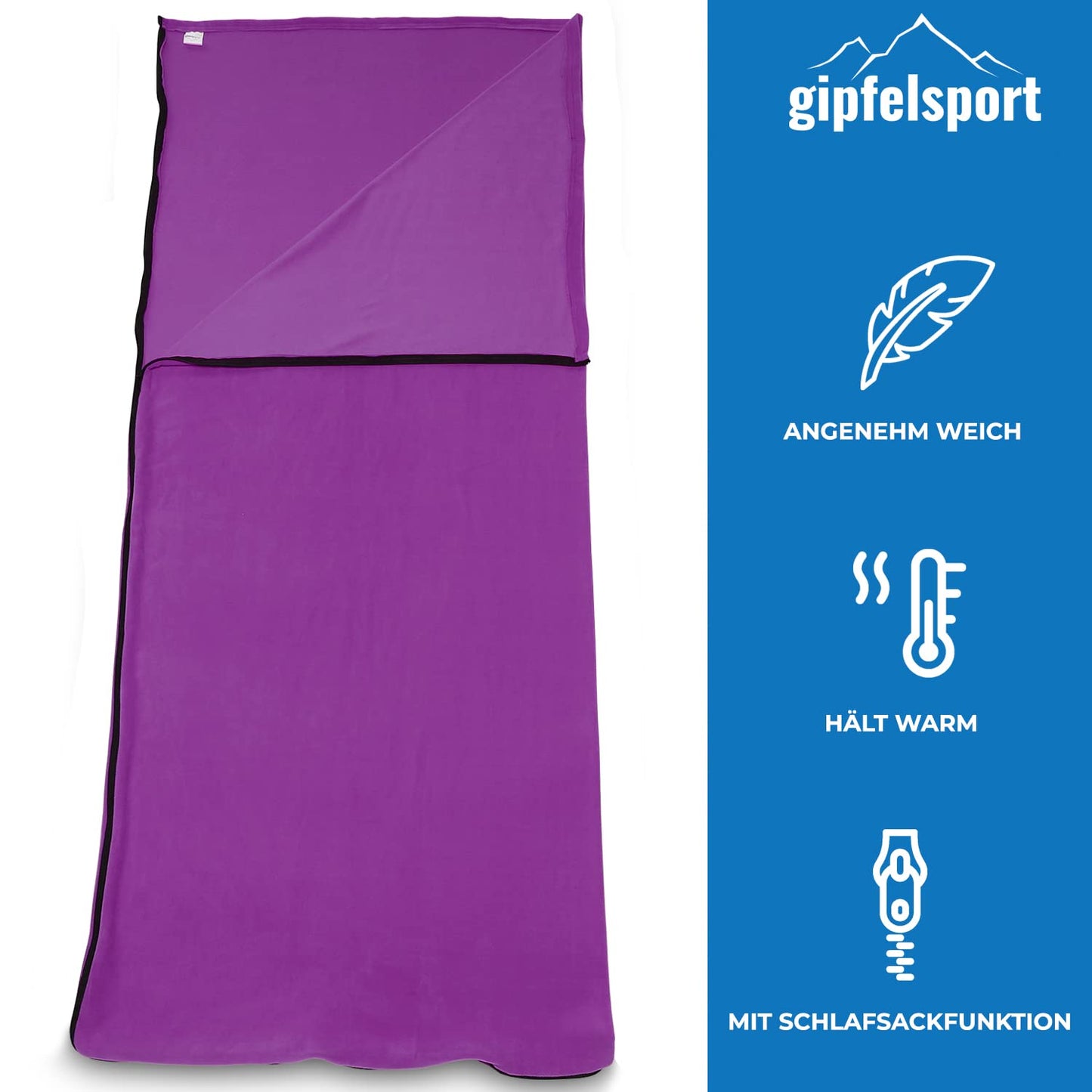 Microfiber fleece blanket with sleeping bag function I Size 185 x 150cm, 690g I Microfiber camping blanket sleeping bag I purple