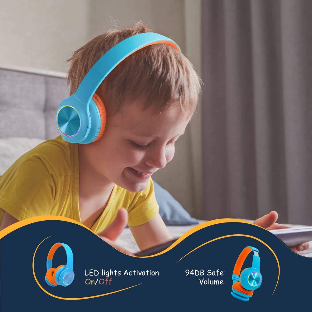 PowerLocus Kids Bluetooth Headphones, Wireless Headphones with LED Lights and 94DB Volume Limitation, Foldable Design, HD Stereo, Micro SD, Built-in Microphone for School/Laptop/Phone/TV