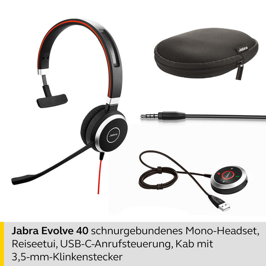 Jabra Evolve 40 MS Mono Headset - Microsoft Teams certified headphones for VoIP softphone with passive noise-cancelling - USB-C cable with call control - black
