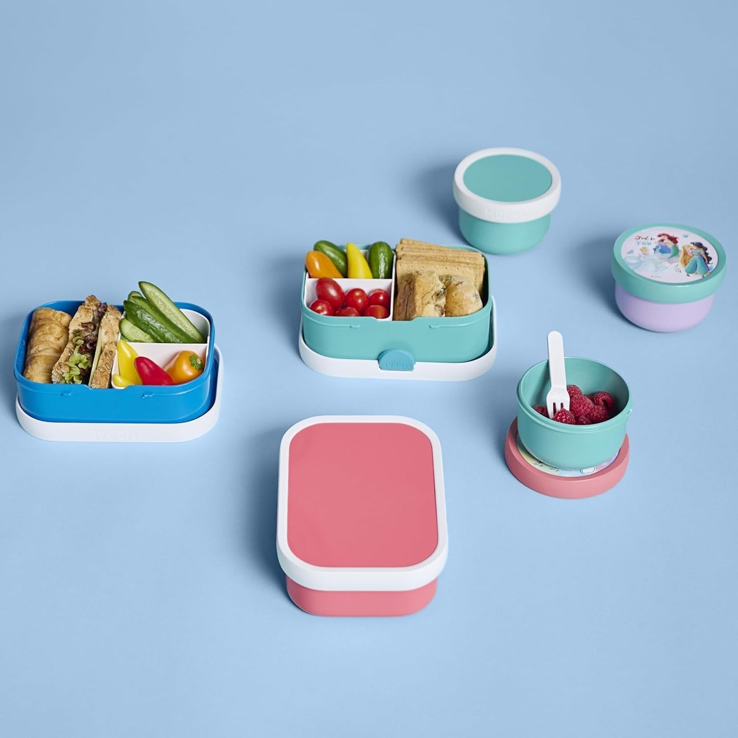Mepal - Campus Lunchbox - Bento Lunchbox for Kids - Lunchbox with Bento Compartment & Fork - Meal Prep Box with Clip Closure - BPA-free & Dishwasher Safe - 750 ml - Turquoise with Pink Lid