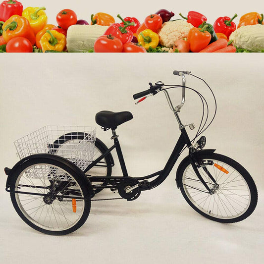 24"3 wheel tricycle for adults with light, 6-speed bike, shopping basket trike pedal bike, for outdoor shopping picnic (black)