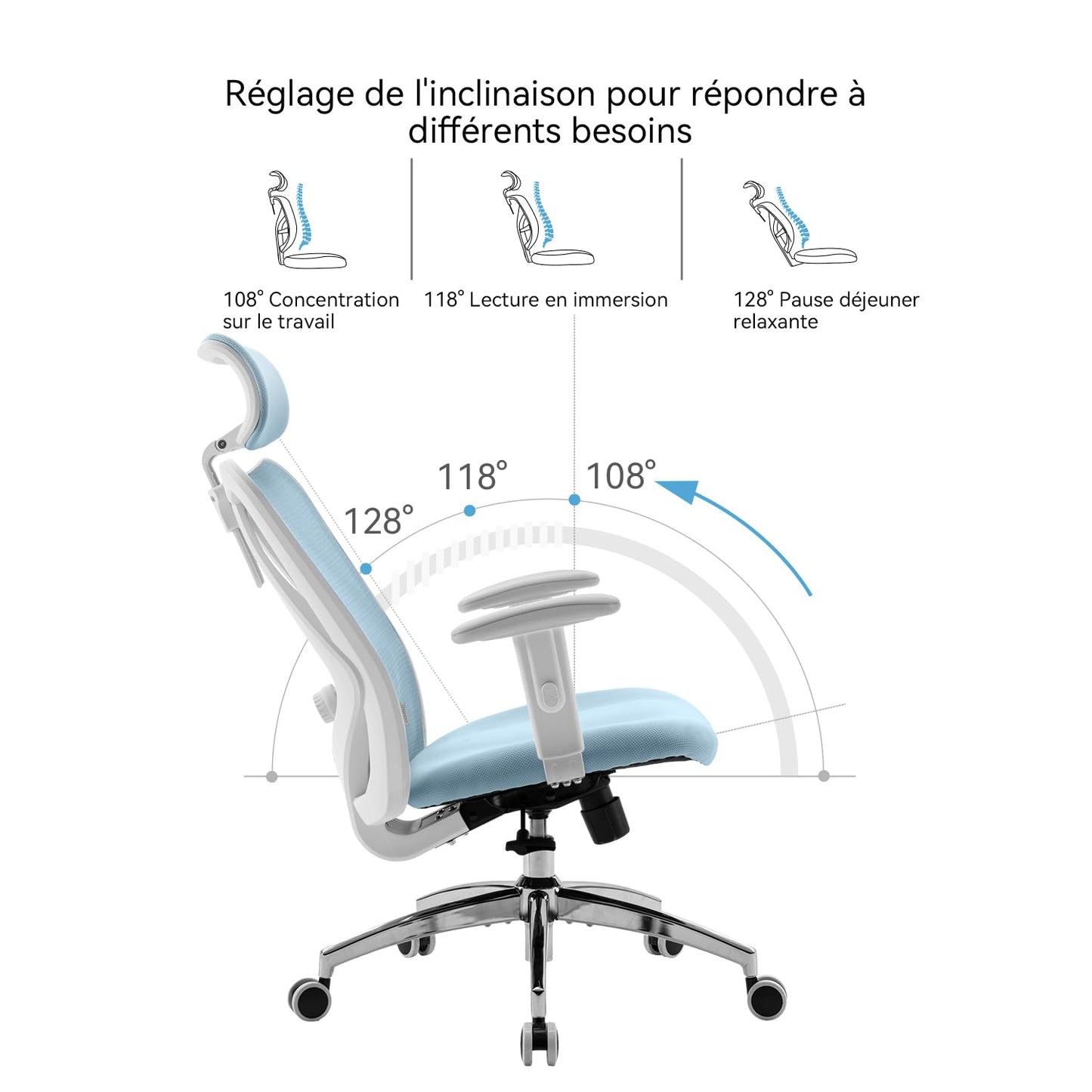 SIHOO M18 office chair ergonomic, computer desk chair with adjustable headrest and lumbar support, high back executive swivel chair for home office (light blue)