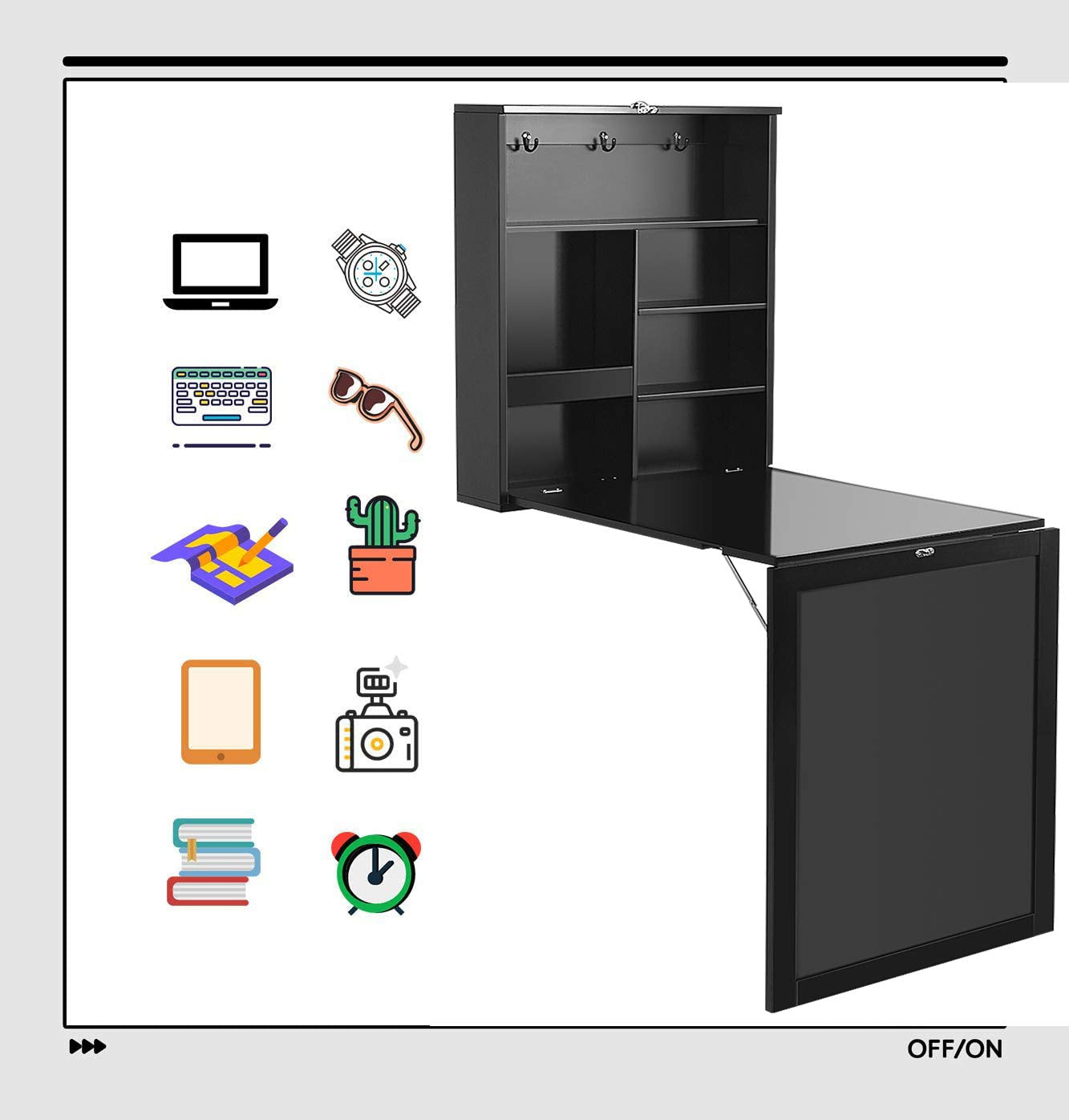RELAX4LIFE Wall-Mounted Folding Table, Foldable Desk with Chalkboard & 6 Compartments, Multifunctional Fold-down Table, Wooden Wall-Mounted Table, Dining Table, Desk for Dining Room & Living Room & Kitchen (Black)