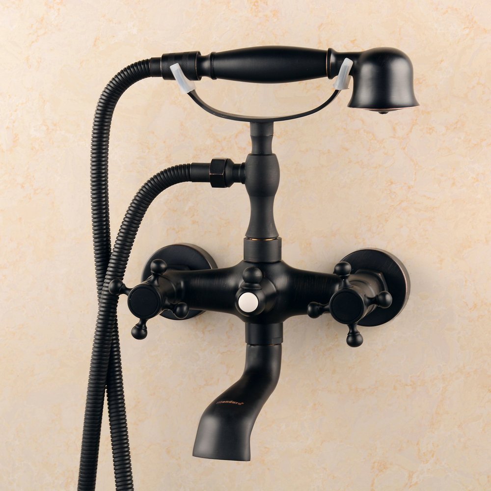 Hiendure® wall-mount two handle bathtub faucet with hand shower in rubbed oil bronze finish.