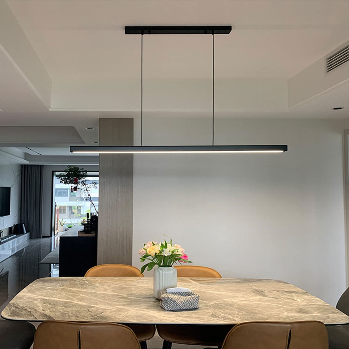SENFAY 120cm LED pendant light dining table dimmable, pendant light black with remote control, 48W modern linear design pendant light, dining table lamp hanging adjustable height for dining room kitchen office