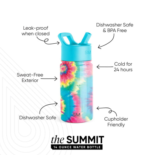 Simple Modern Kids Water Bottle with Straw | Insulated Stainless Steel Children's Drinking Bottle for Toddlers Boys and Girls | Summit | 415ml | Tie-Dye