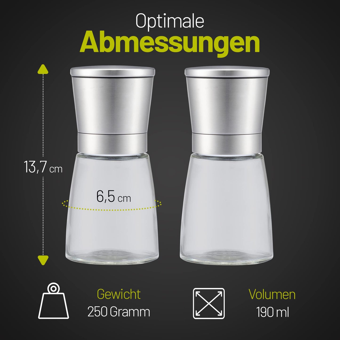 Zolmer® Salt and Pepper Mill with Bamboo Stand - Spice Mill Set of 2 made of Stainless Steel & Glass - Ceramic Grinder, adjustable, refillable & stylish for any kitchen.