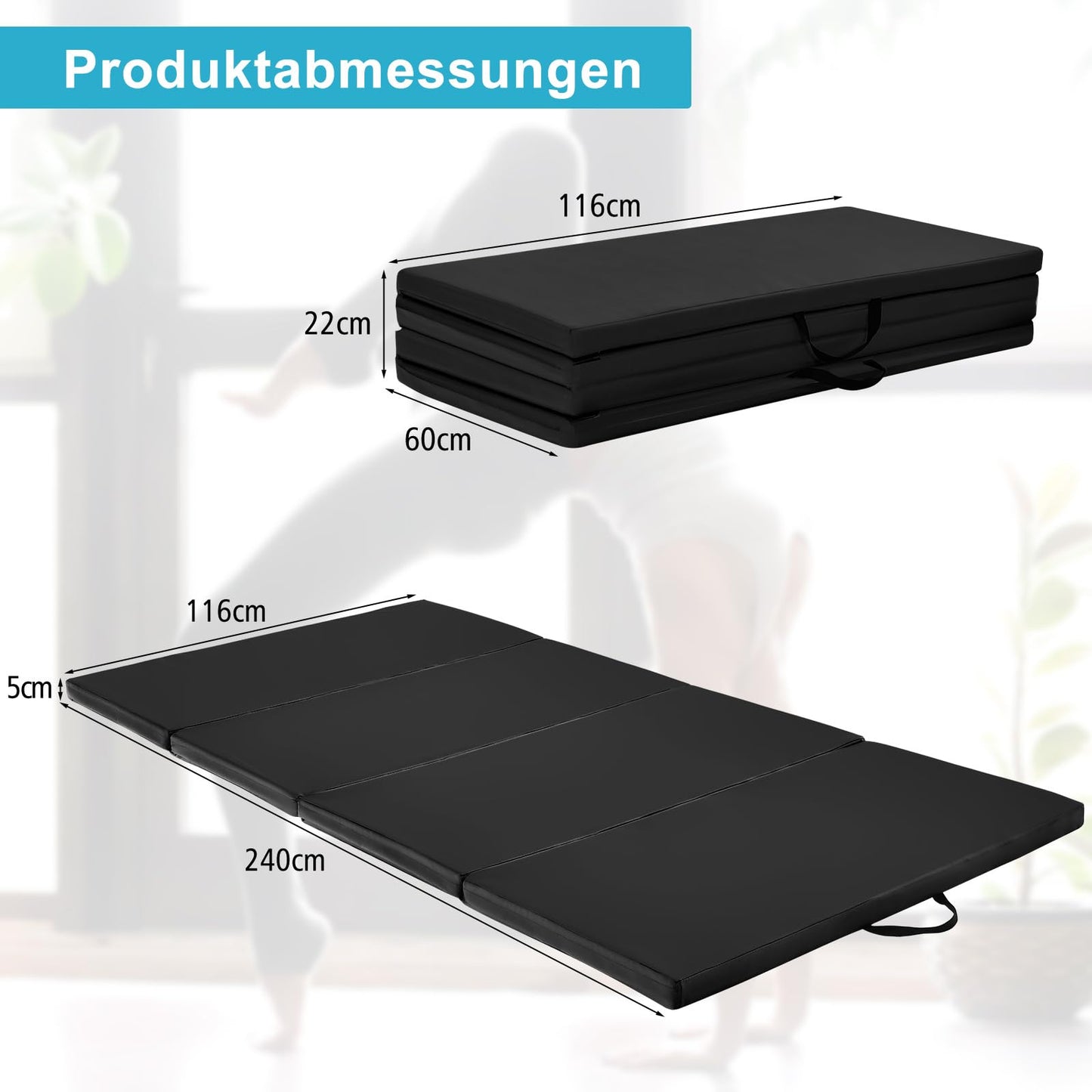 COSTWAY 240 x 120 x 5 cm soft floor mat, foldable gymnastics mat with Velcro closure and 2 handles, exercise mat, foldable mat, fitness mat for gymnastics, yoga, home training (black)