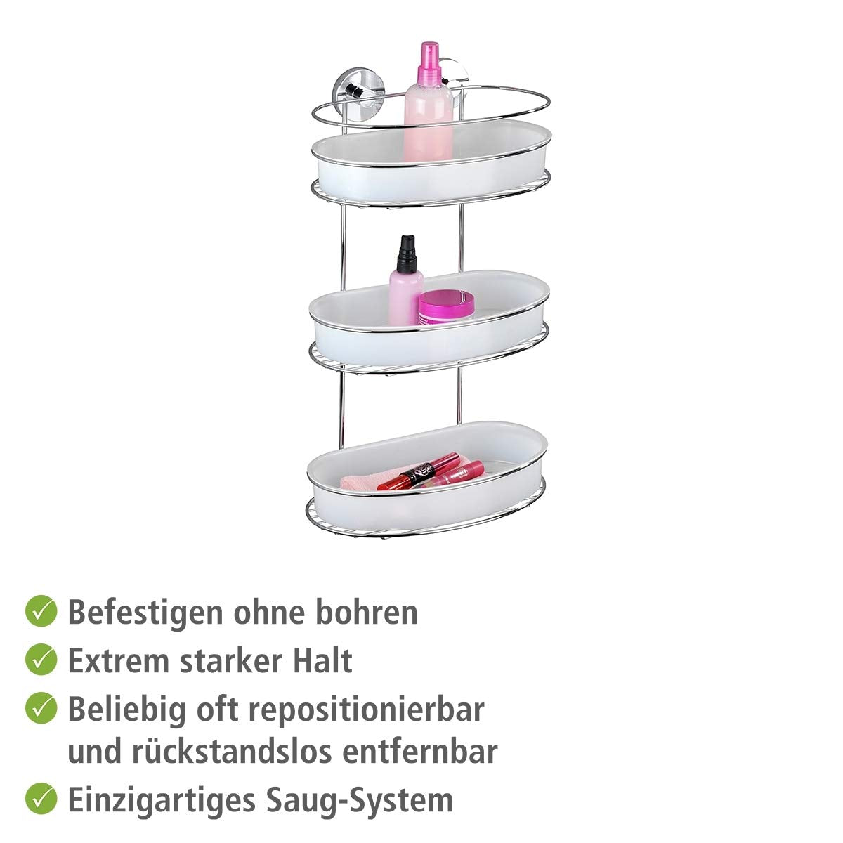 WENKO Vacuum-Loc wall shelf 3 tiers Milazzo, wall shelf without drilling, shower shelf, shelf for bathroom and kitchen, chromed metal with white plastic insert, 28 x 47.5 x 15 cm
