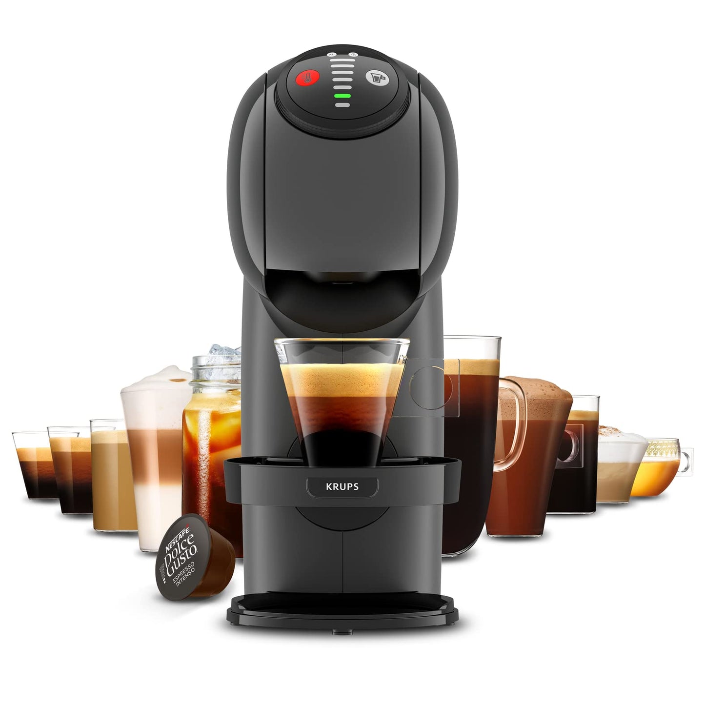NESCAFÉ Dolce Gusto Genio S by KRUPS, coffee capsule machine, 15 bar pressure, ultra-compact design, over 30 coffee creations, adjustable drink size, auto shut-off feature, anthracite color, KP243B.