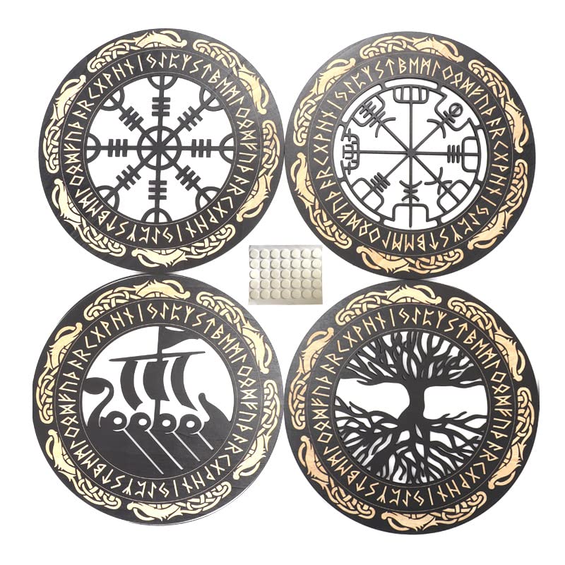 Arsey Vikings Nordic Mythology Runes Wooden Ornaments Medieval Decor Wall Sculptures Wall Ornament Compass Tree of Life Vegvisir Wall Decor Living Room Bedroom Wall Art, Wood, Yellow, 4 Pieces