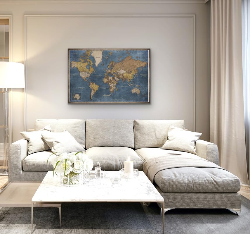 High-quality canvas world map with cork pinboard - German labeling - Decorative wall decoration for all rooms - Canvas prints with world map motif (90x60 cm, pattern 13)
