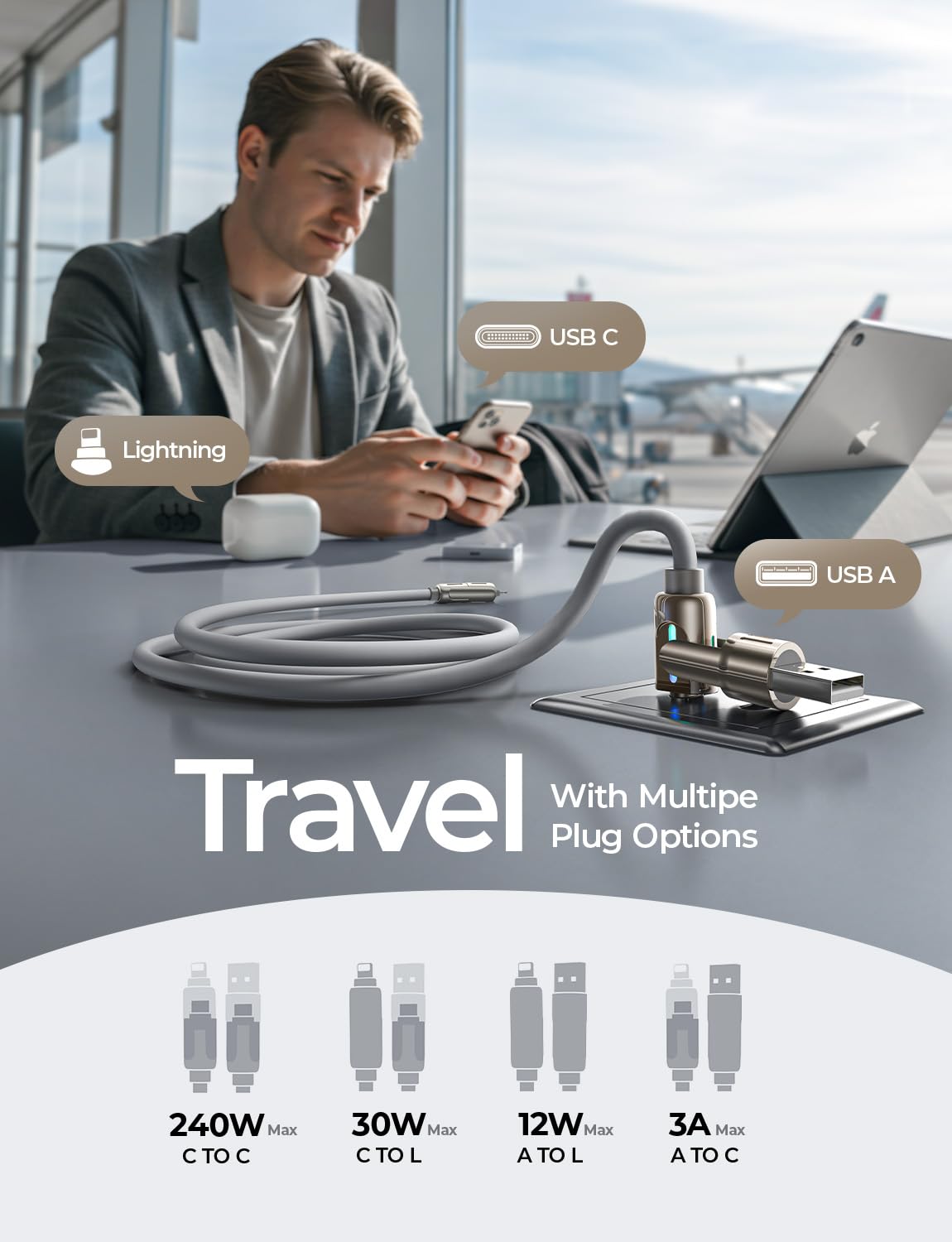 LISEN 4-in-1 Multi Charging Cable, Universal Cable with USB C/A/Lightning, 240W USB C Fast Charging Cable with Light for iPhone 17 16 15 14 Pro/MacBook/iPad/Samsung S25/Switch PS5, 2M