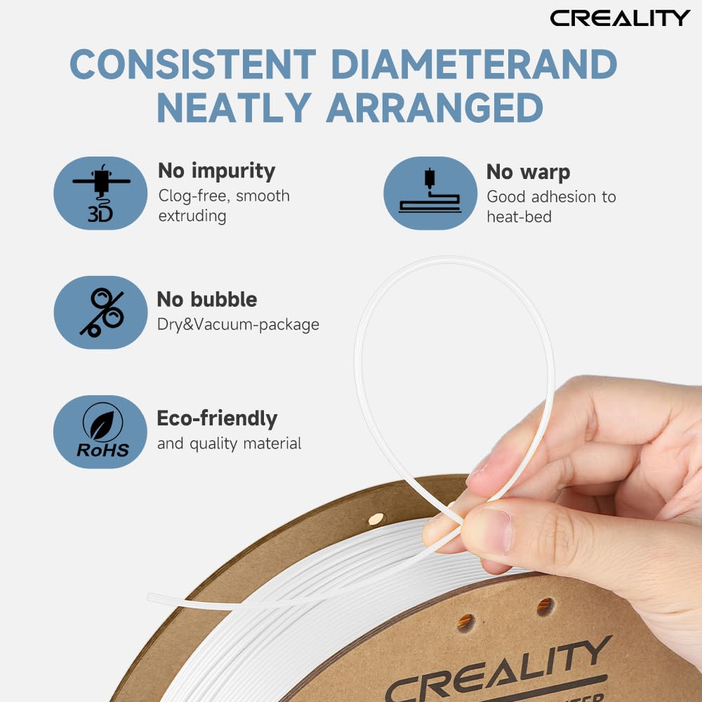 Creality Official PLA 3D Printer Filament 1.75mm, smooth printing, less tangling, with cardboard spool, dimensional accuracy +/- 0.03mm, 1kg/spool, suitable for most FDM 3D printers, white.
