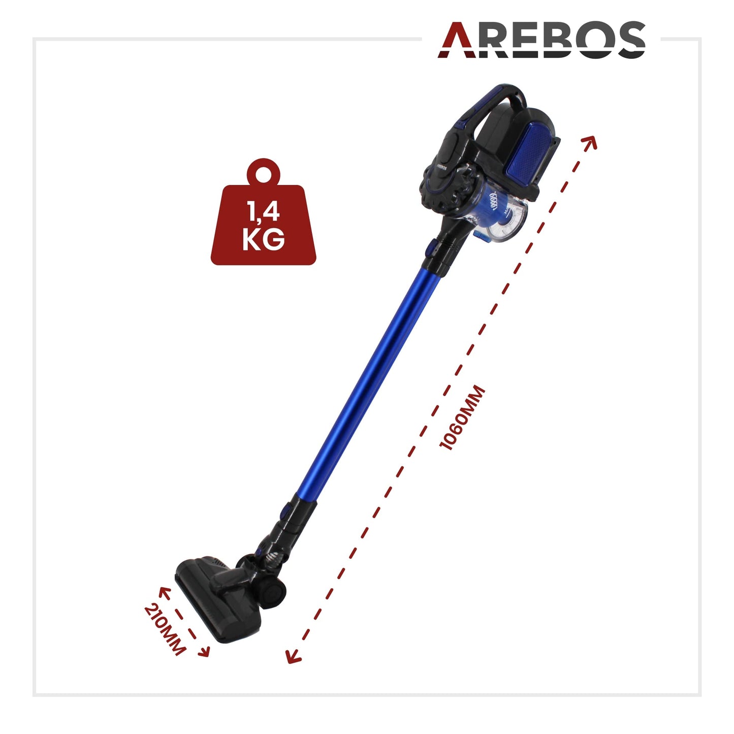 Arebos cordless handheld vacuum | 2-in-1 hand and floor vacuum | 2 powerful suction modes | Bagless | Up to 55 minutes cordless | with wall charging station | Blue