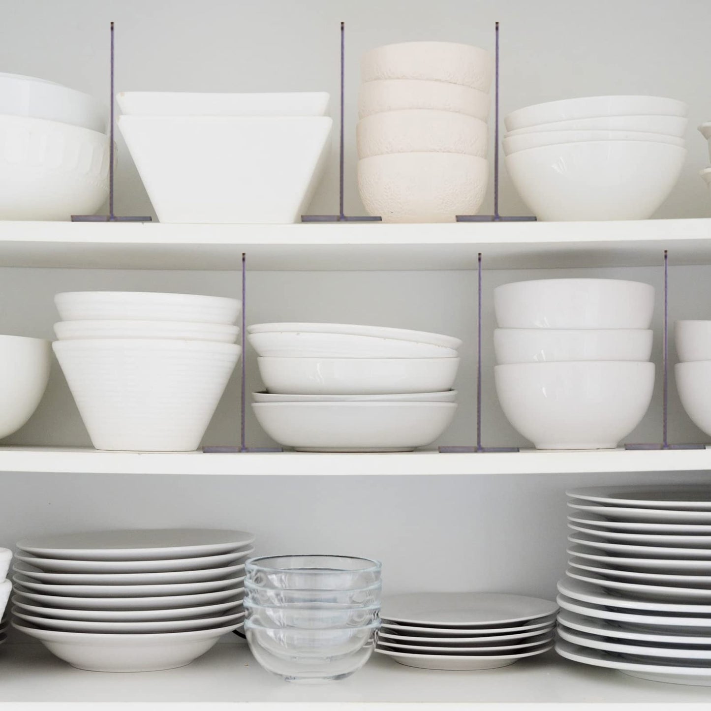 5 transparent plastic shelf dividers for cabinets, perfect for handbags, wallets, clothing, and more. Removable and ideal for organizing bedroom, kitchen, or office cabinets.