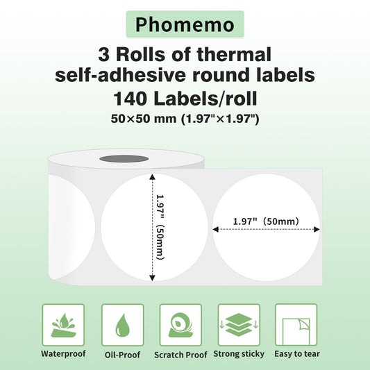 Phomemo 3 rolls multifunctional round label, 50 x 50 mm (1.96" x 1.96"), 140 labels per roll, total of 3 rolls, compatible with Phomemo M110 M200 M120 M220 M221 label printers.