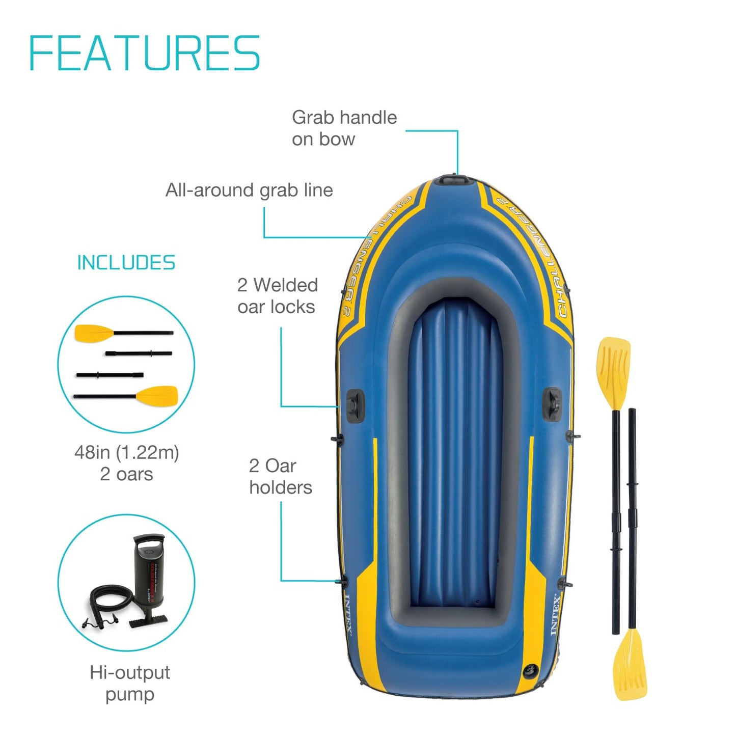 Intex 68367NP - Inflatable Boat Challenger 2, 2 People, with Accessories, PVC, Blue, 236x114x41 cm