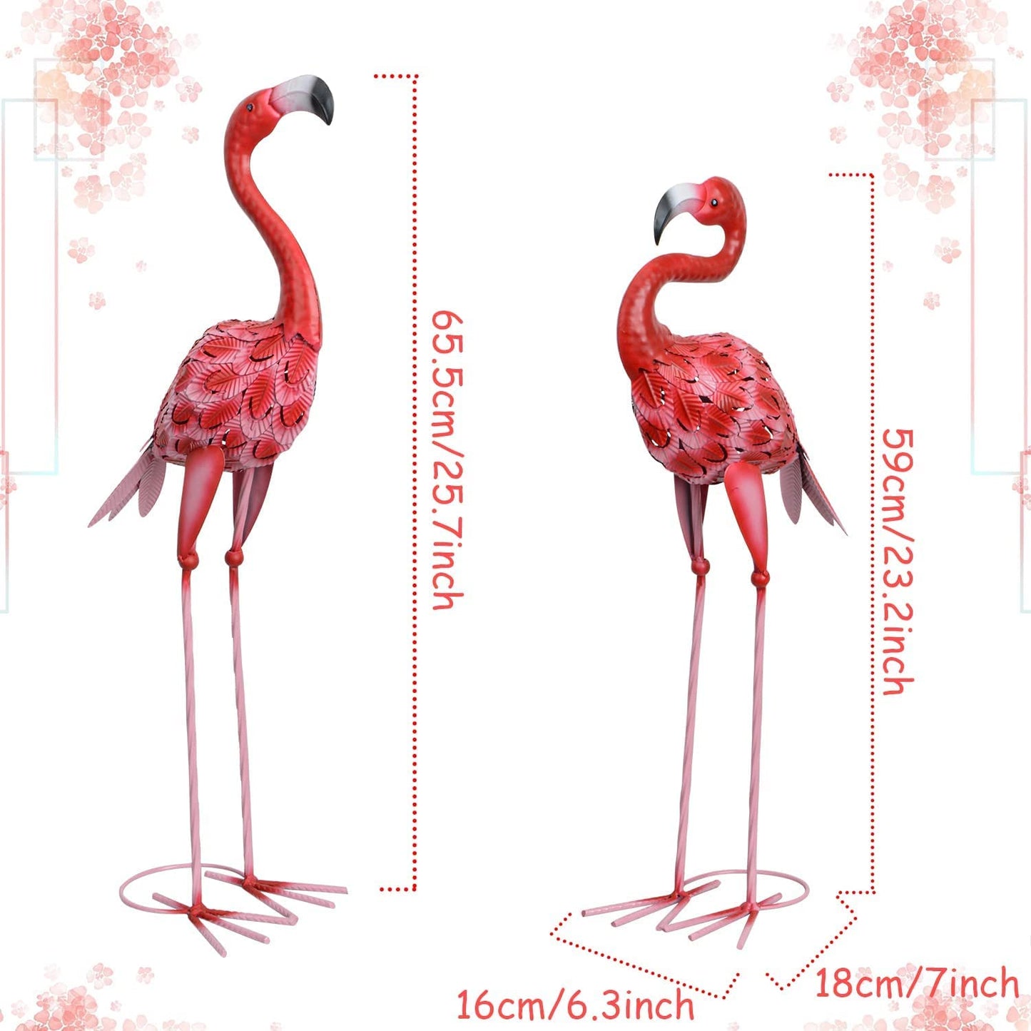 AOFOX Flamingo garden statues and sculptures, 2 pieces metal, large red flamingo bird garden art outdoor statue for home, patio, lawn, backyard decoration