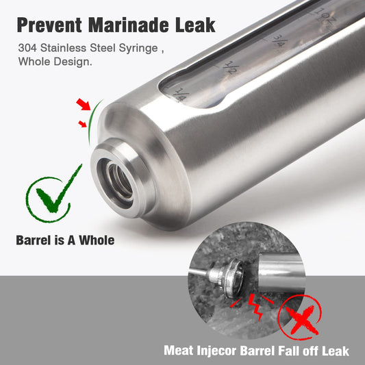 Ofargo 304 stainless steel meat injector, with 3 marinade needles and travel case for grilling, smoking, 2 oz high capacity; instruction manual and eBook recipe.