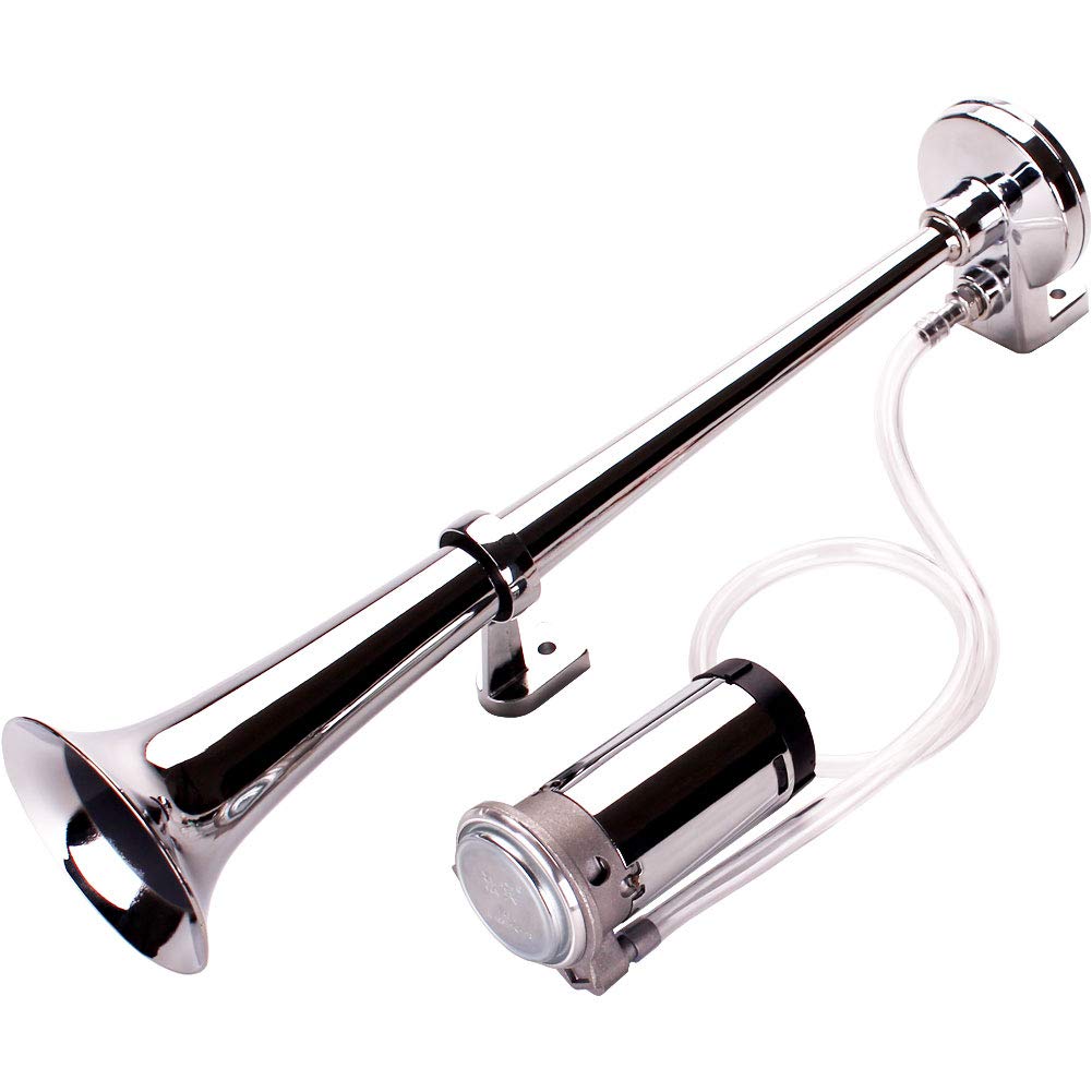 FARBIN 24V 150db Train Air Horn Super Loud 18 Inch Chrome Zinc Single Trumpet Truck Air Horn Kit with Compressor and Wiring Harness for All 24V Vehicles (24V, Single Tube Air Horn)