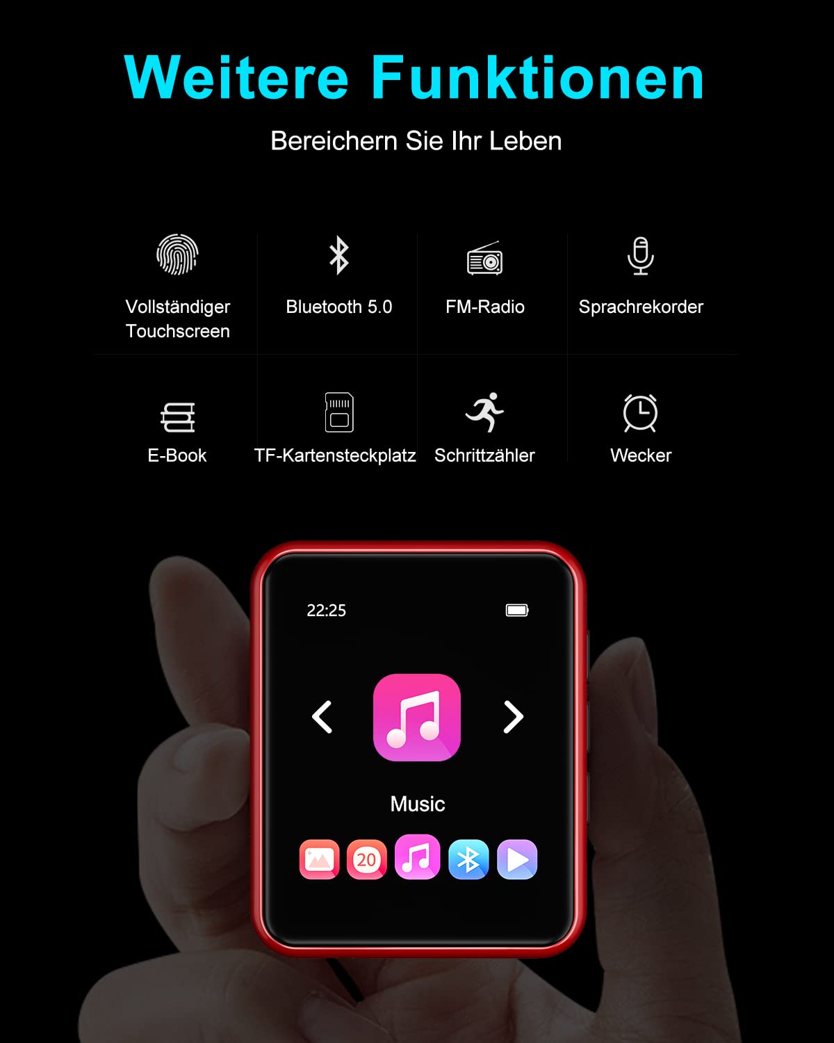 32GB MP3 Player Bluetooth 5.0, HiFi Lossless Sound Music Player with Speaker, Line-in Voice Recorder, FM Radio, 1.8" Full Touchscreen, Support up to 128 GB (with Headphones, Case)