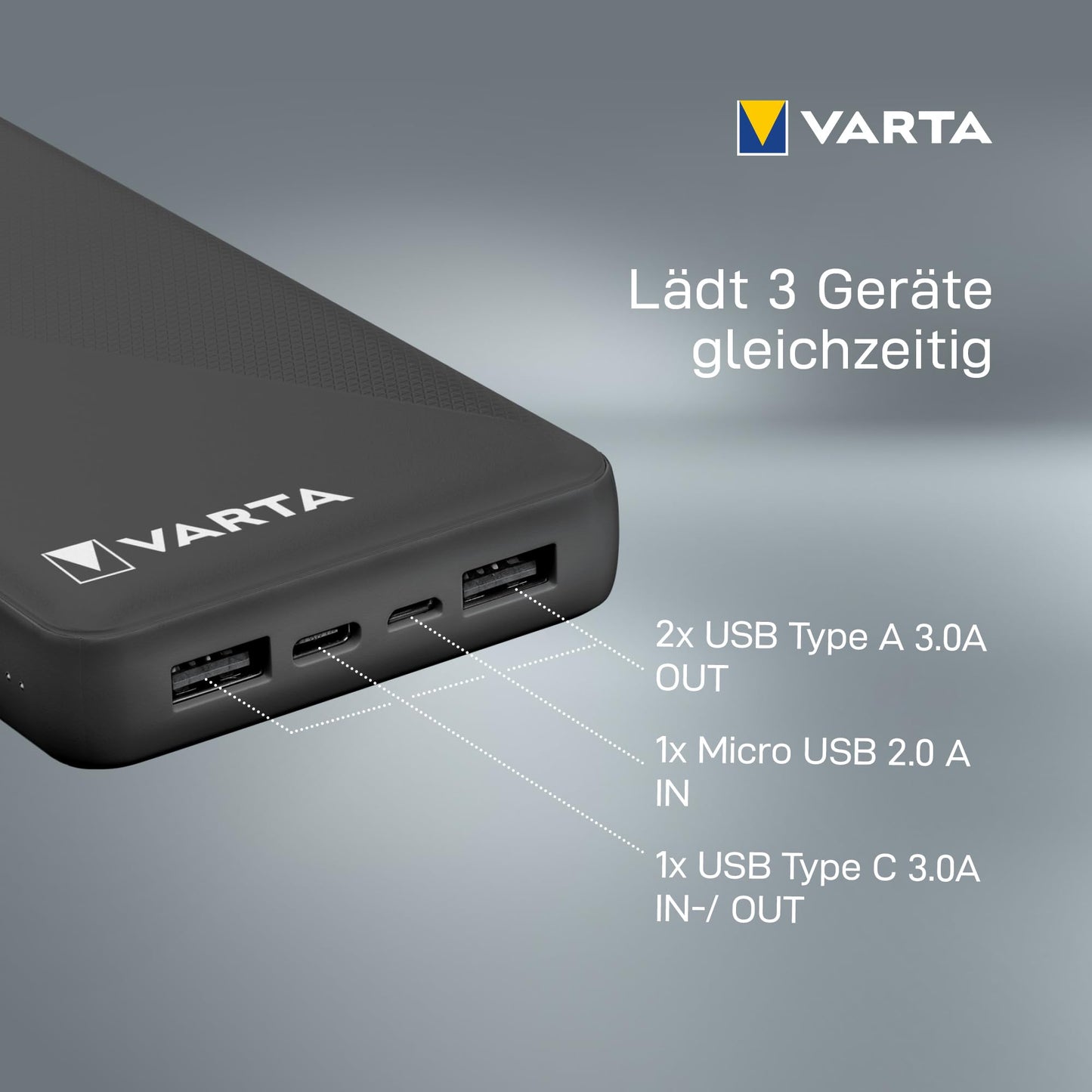 VARTA Power Bank 20000mAh, Power on Demand Powerbank with 4 ports (1x Micro USB, 2x USB A, 1x USB C), compatible with tablets & smartphones, in environmentally friendly packaging.