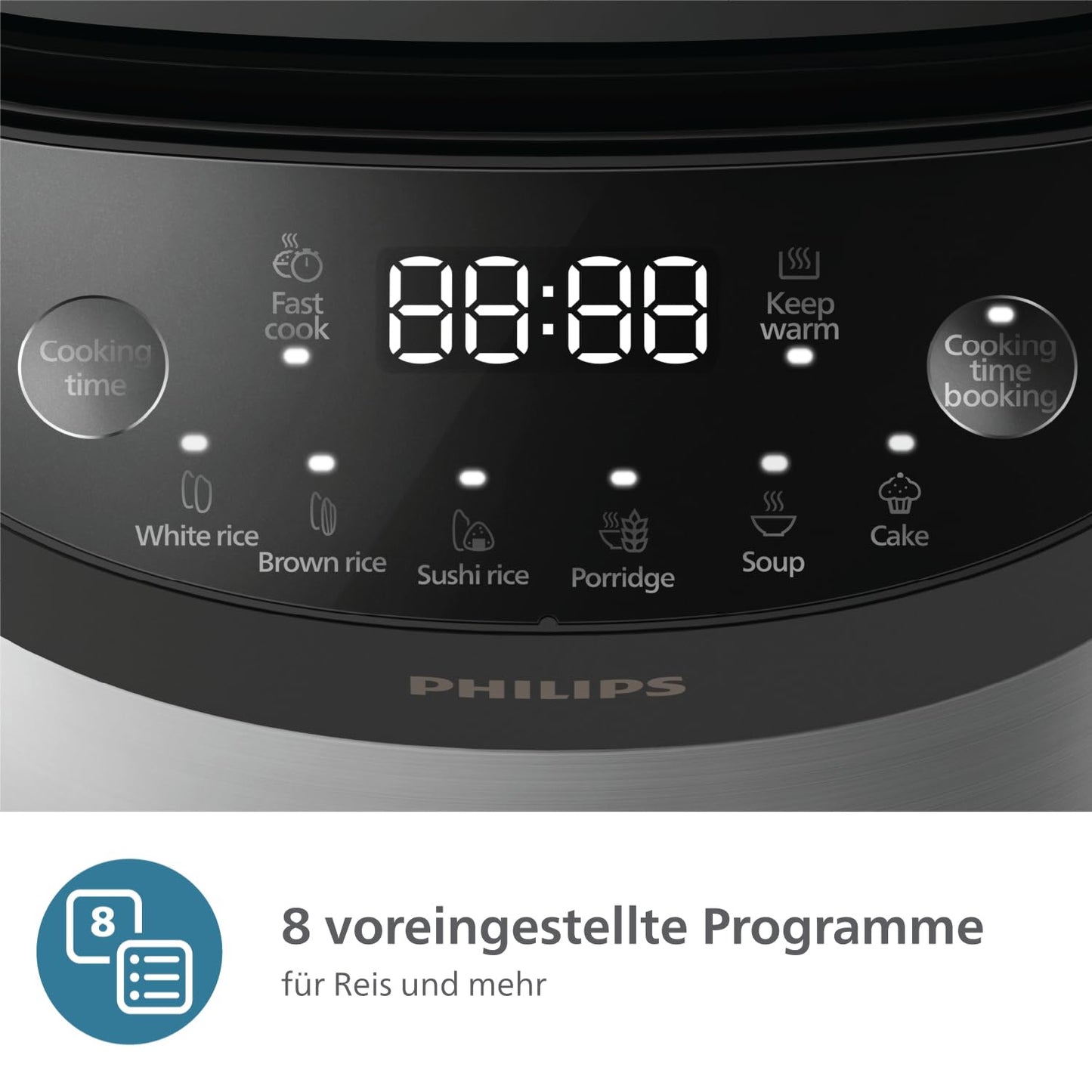 Philips Multi-Cooker 3000 Series - 0.85L, 8 cooking functions, 4-layer non-stick pot, 30-minute quick cook mode, Fuzzy Logic, Black-Silver design (HD3093/80)