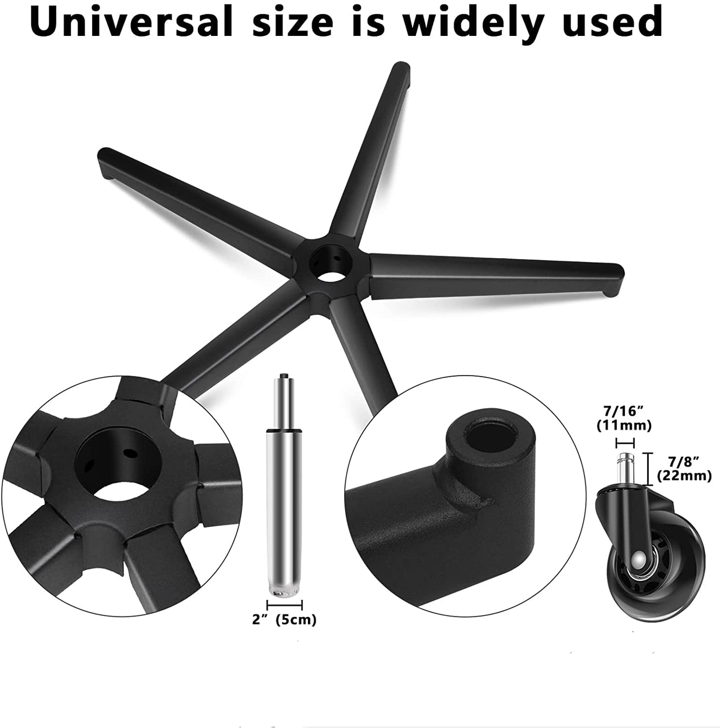 Office chair base, 5-star base with support, black pentagonal metal frame, swivel chair base, suitable for 11mm x 22mm casters, 50mm gas spring.