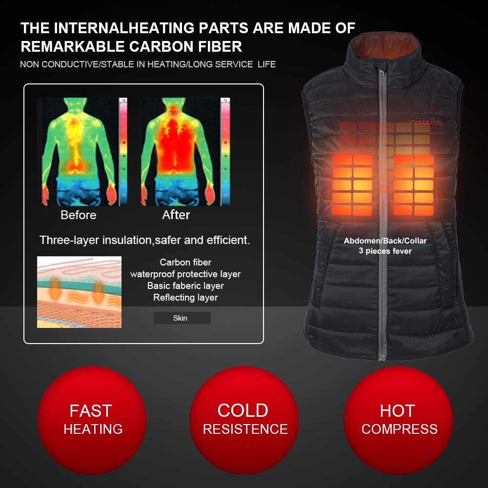 CONQUECO Women's Heated Vest Battery: Heated Jacket with 10000mAh Battery - USB Charging Heated Down Vest Clothing for Outdoor Travel Motorsport, S