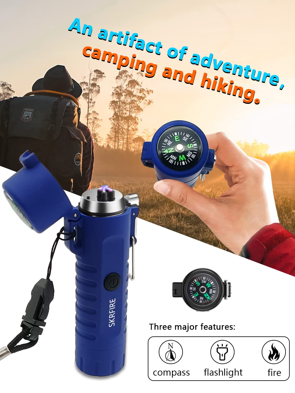 SKRFIRE windproof lighter, double arc lighter, plasma lighter with LED flashlight, rechargeable USB lighter, flameless electric lighter suitable for camping, hiking (Blue)
