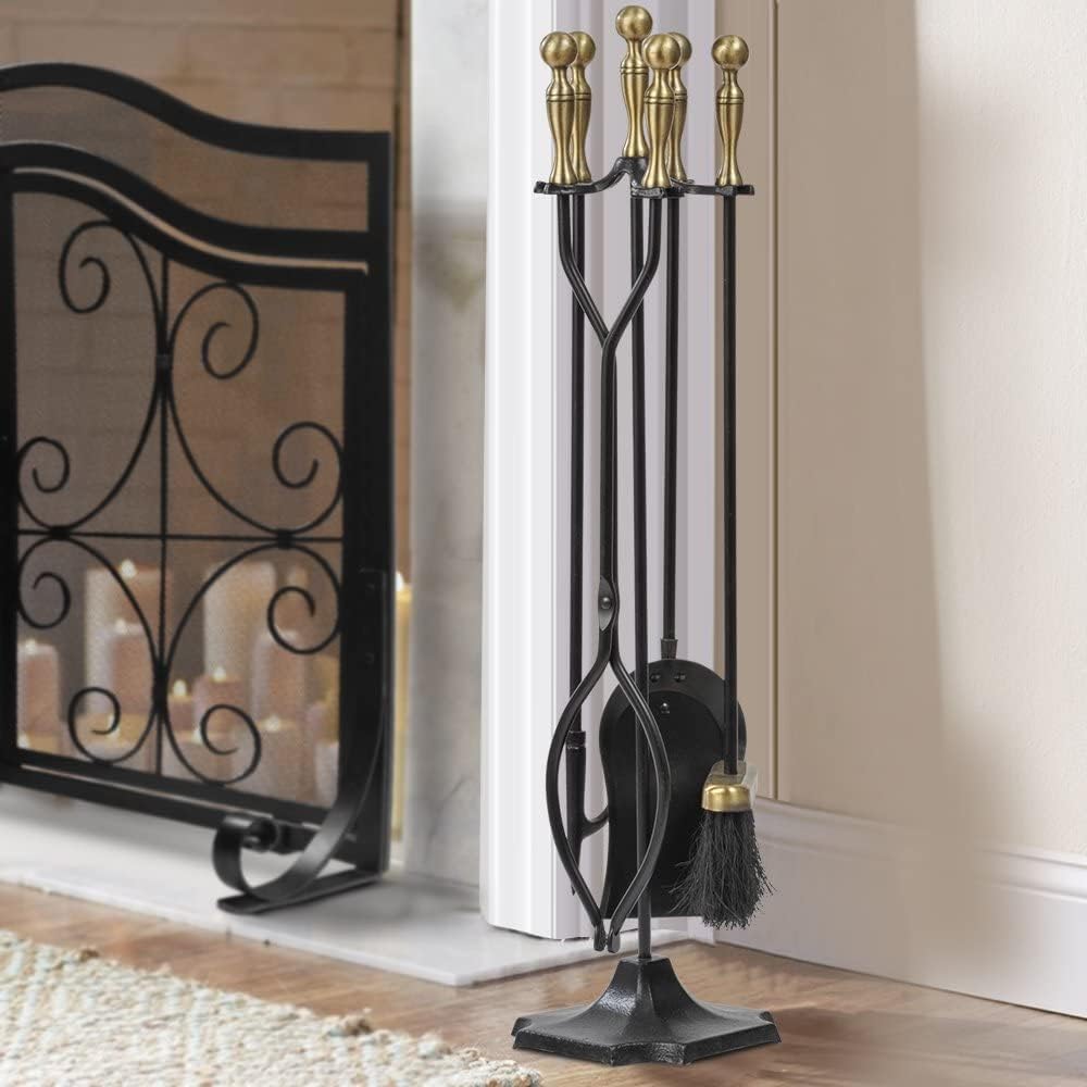AMAGABELI 26.5" 5-piece Fireplace Tool Set with Wrought Iron and Inner Decoration Fireplace Accessories Firewood Stand Tongs Shovel Brush Poker Gold.