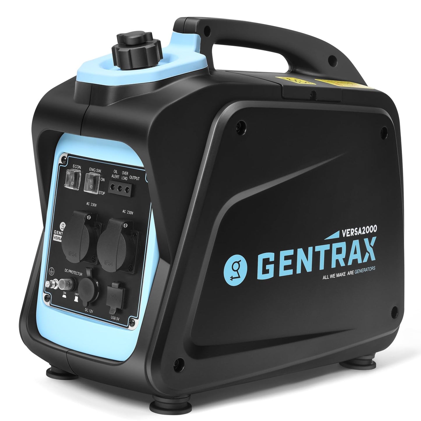 GENTRAX Inverter Generator 2000W 1700W MAX, gasoline powered, silent with pure sine wave, super quiet petrol generator with USB 230V sockets for camping, outdoor, construction site, RV