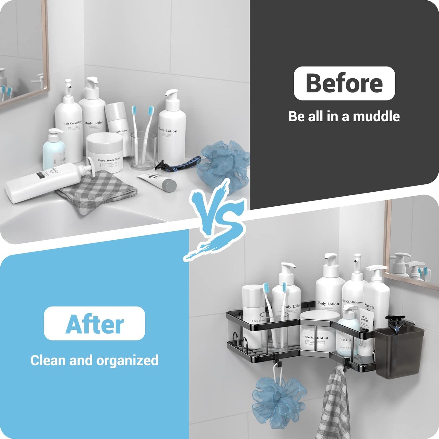 FINIBO Shower Shelf Without Drilling, 2 Pieces Self-Adhesive Corner Shelf Bathroom Organizer, Stainless Steel Shower Caddy with 4 Hooks and 2 Toothpaste Holders, Black Shower Rack Basket for Bathroom Kitchen