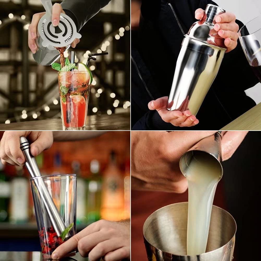 Cocktail shaker gift stainless steel 23 piece cocktail set bar accessories cocktail set 750 ML cocktail shaker with wooden stand for bartender men and women, perfect for home or bar.
