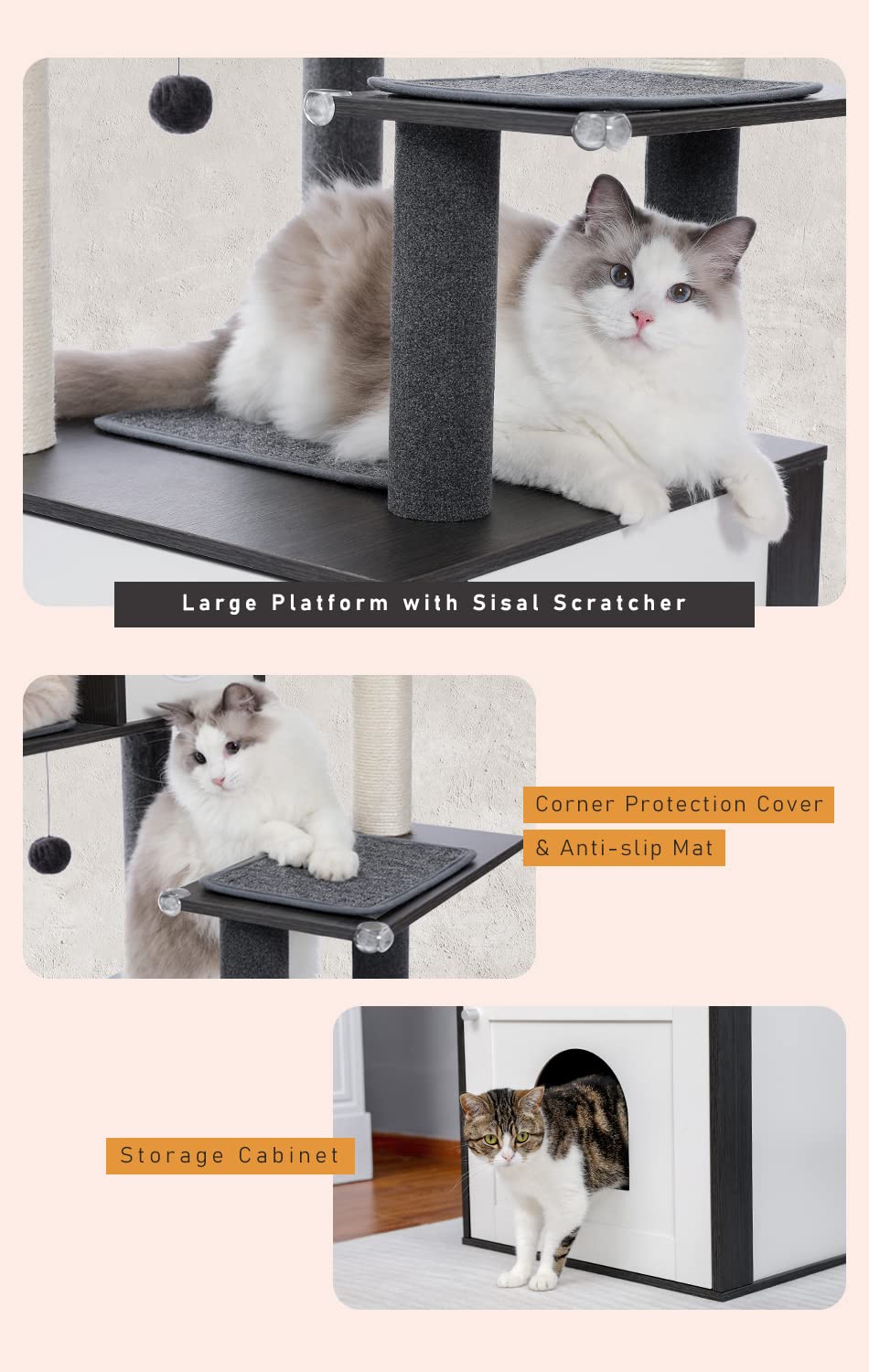 PAWZ Road Modern Cat Tree Wood Cat Tower with Storage Cabinet Cat Litter Enclosure and spacious Cat House Large top perch and hammock Black